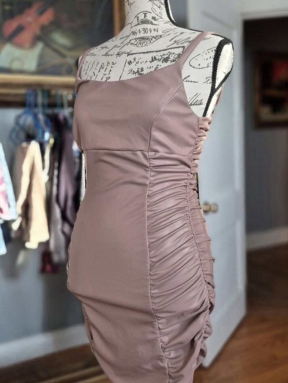 Barbiecore Bodycon Blush Pink Ruched Spaghetti Strap Mini Dress Medium